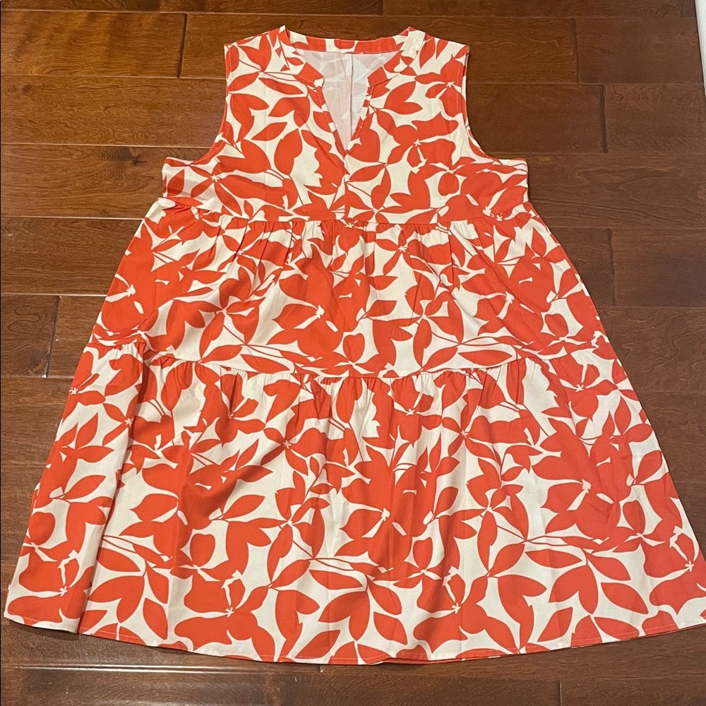 SHEIN Orange and White Sleeveless Tiered Dress